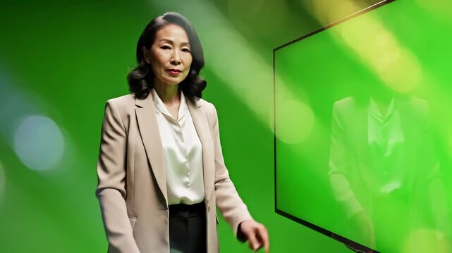 Green Screen person pointing a tv remote and pressing buttons in front of with scene 3 distortion, overlay, glitch, static noise, scan lines on black background, 4k animated video loop