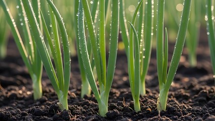 Close-up view of fresh green onions growing in dark, fertile garden soil with water droplets