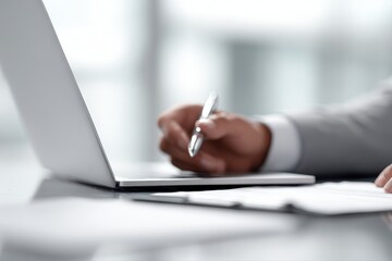 Fototapeta premium businessman preparing presentation slides on laptop in office, corporate work concept, realistic stock photography