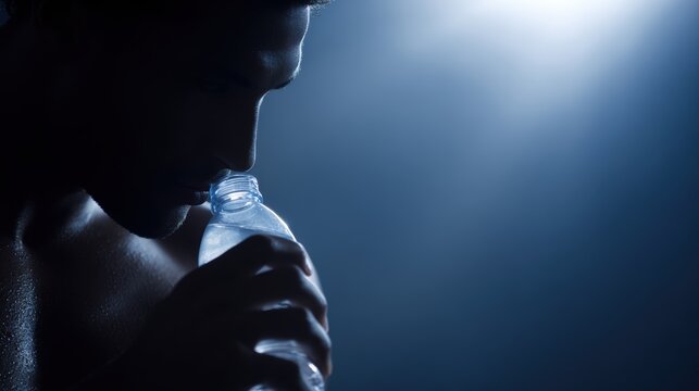 Athletic man drinking water in gym after workout fitness hydration concept dramatic lighting