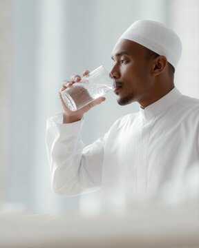 Muslim man in white koko shirt drinking water at iftar time, Ramadan lifestyle concept,