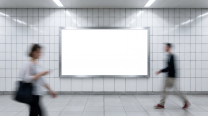 Two people in motion blur walk past a large blank digital advertising screen in a tiled subway station corridor walking urban public transport transit commuter movement
