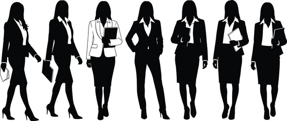 Obraz premium Black and White Silhouette Vector Set of Businesswomen in Professional Suits Posing in a Row on White Background