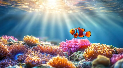 Underwater coral reef scene with clownfish. Sunlight streams through the water, illuminating vibrant coral formations and a single clownfish swimming amongst them