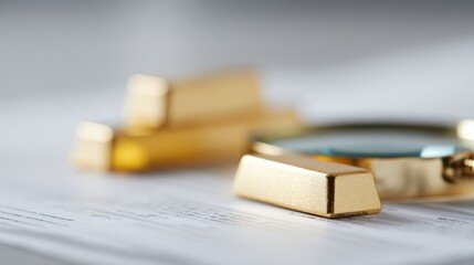 Gold bars placed on financial report with magnifying glass analysis concept