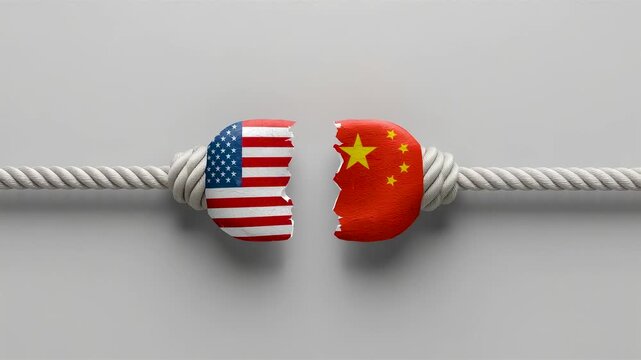 Broken Rope with USA and China Flag Spheres Snapped in Half Tension Concept