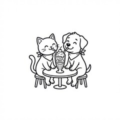 Cute Cat and Dog Sharing a Milkshake in a Playful Scene