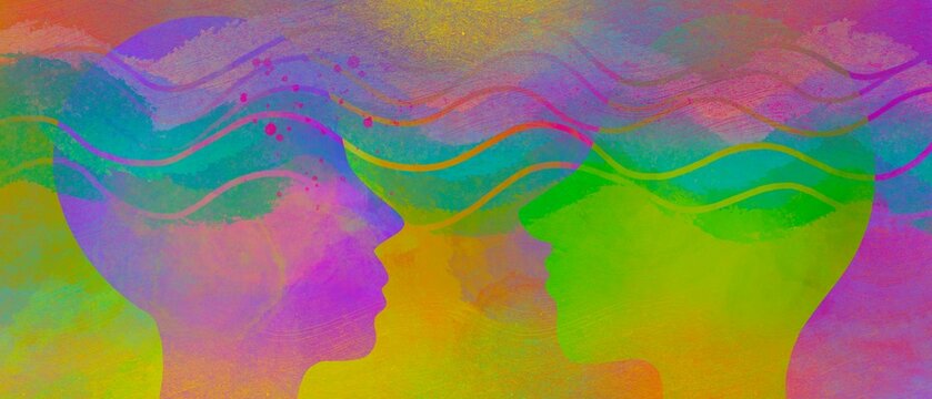 Disegno grafico colorato voce, linguaggio, parlare. Comunicazione. Dialogo tra due persone. Telepatia. Empatia. Amore.