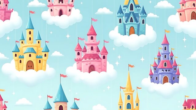 Colorful castles floating amidst fluffy clouds with stars in a cheerful, repeating pattern