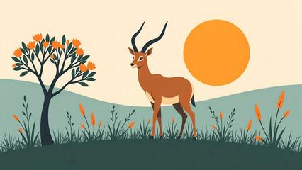 Deer Silhouette at Sunrise in Minimal Nature Landscape