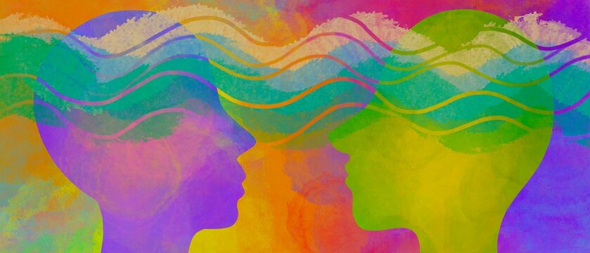 Disegno grafico colorato voce, linguaggio, parlare. Comunicazione. Dialogo tra due persone. Telepatia. Empatia. Amore.