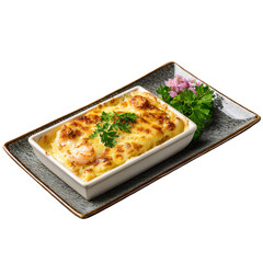 Creamy seafood gratin baked golden on Japanese rectangular ceramic plate, isolated die-cut.