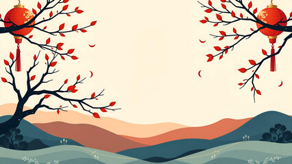 Autumn Landscape Illustration with Trees and Distant Mountains