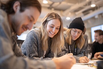 Fototapeta premium Young adults collaborating and brainstorming together in modern office