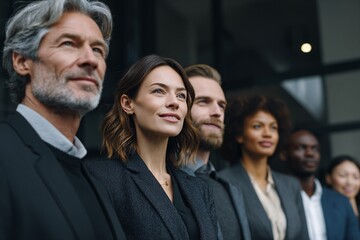 Obraz premium Diverse business team standing together in professional attire outdoors