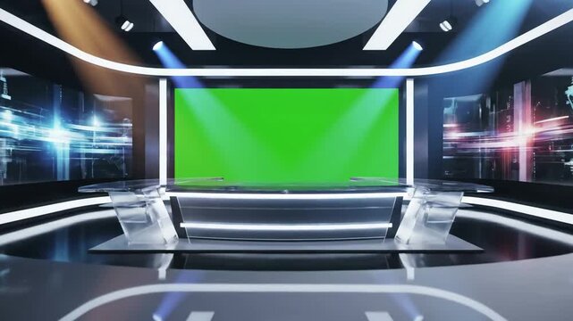 Green Screen newsroom background plate for news broadcast scene 3 with distortion, overlay, glitch, static noise, scan lines on black background, 4k animated video loop