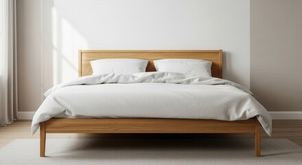 Minimalist Wooden Bed with White Linens in a Bright Bedroom