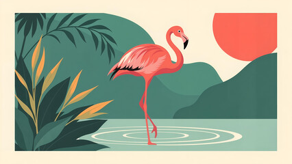 Flamingo Standing in Tropical Lake Illustration