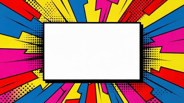 Vibrant Pop Art Blank, Empty Rectangular Frame With Dynamic Color Explosion Background for Motion Graphics, Poster Banner, Promo and Music, Product Promo Template. Pop Art Animation Video.