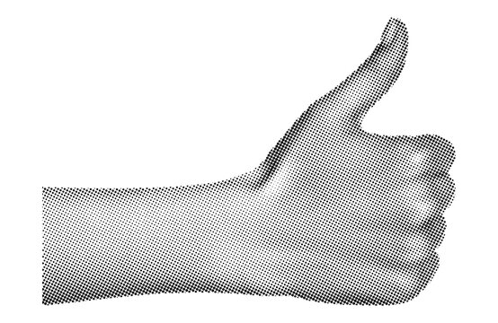 Human hand in halftone texture, hand photo with retro halftone effect, black and white halftone image depicting a hand showing a thumbs-up gesture.eps
