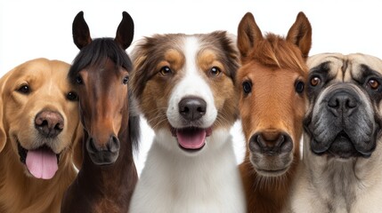 A joyful gathering of five animals including dogs and horses takes place in a bright studio. Each creature showcases its unique personality and charm in this delightful moment