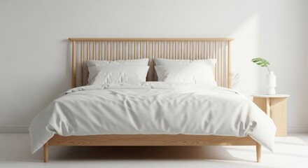 Minimalist Scandinavian Style Wood Bed with White Linens and Side Table