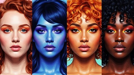 Naklejka premium Diverse female faces with various skin tones and makeup