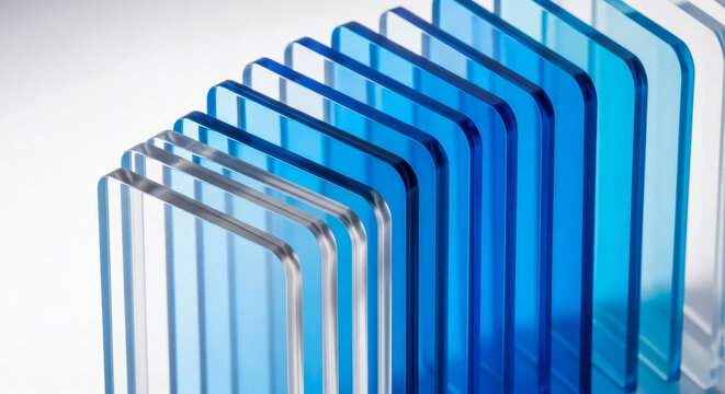 Stacked Blue Glass Panels with Reflections.