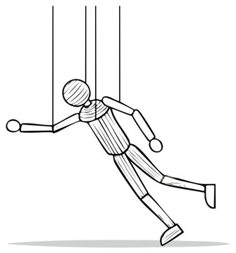 Illustrated marionette puppet hanging from strings, simplified cartoon character