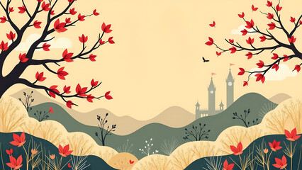 Decorative Spring Landscape with Blossoming Trees and Castle