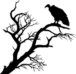 Obraz premium Raven Bird Silhouette on Bare Tree Branch Black Vector