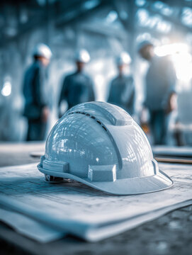 White safety helmet placed on architectural blueprints with blurred engineers discussing construction plans in an industrial building interior