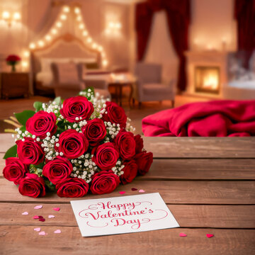 Happy Valentines day, A romantic bouquet of red roses with a gift and love message for a special celebration