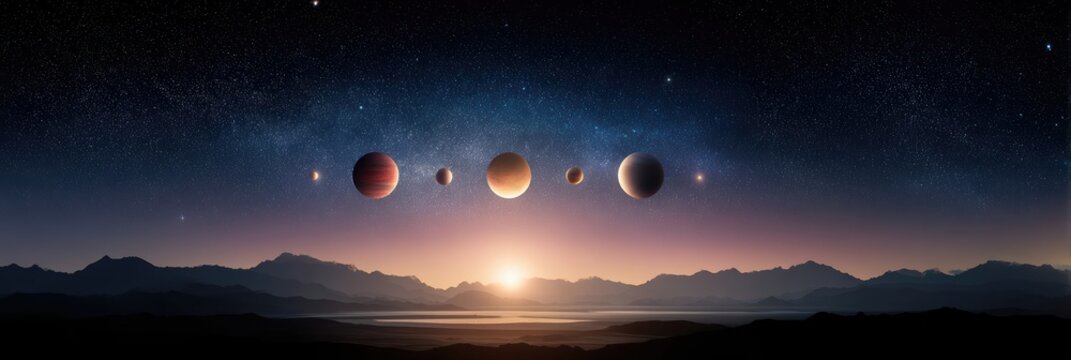 A panoramic view of planets aligned over a mountain landscape at sunrise. Stunning cosmic scene blending astronomical wonders with a serene terrestrial foreground.