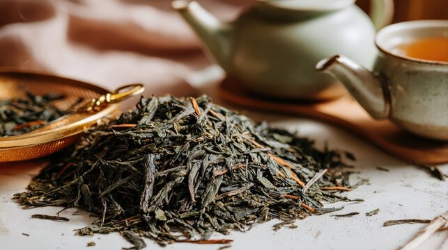 A close-up of loose green tea leaves beside a golden strainer and ceramic teapot. The rustic setup highlights the freshness and vibrant texture of the herbal beverage.