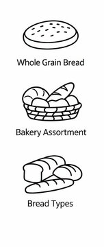 Minimal black line icon collection showing whole grain bread bakery assortment and different bread types with simple labeled food symbols on a clean white background for menu and packaging use