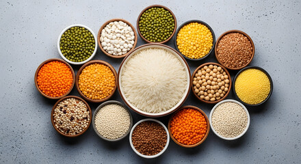Variety of legumes and grains arranged in a circular pattern on gray