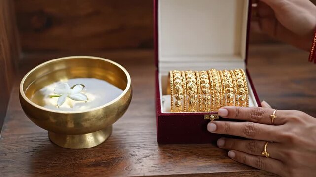 Elegant Golden Bangles in a Red Box with a Brass Bowl and Flower Petal on a Wooden Surface