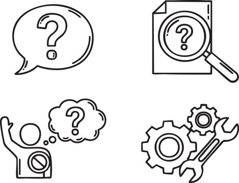 Set of question and support line icons. Speech bubble, search document, problem thinking person, and settings tools. Minimal black outline vector symbols for help, FAQ, troubleshooting concepts.