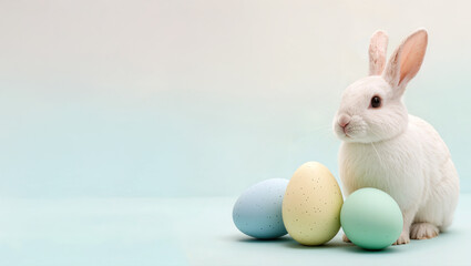 Fototapeta premium Adorable white Easter bunny sitting next to pastel colored eggs on soft blue background. Minimalistic spring holiday composition.