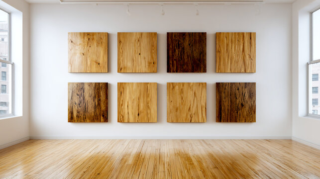 9 square wooden art panels on a wall in an empty room