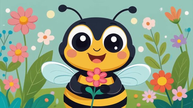 Cute Animated Bee Holding Flower in a Garden Full of Colorful Flowers and Plants