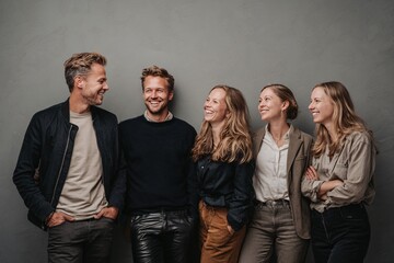 Fototapeta premium Smiling friends standing together in casual stylish outfits against gray background