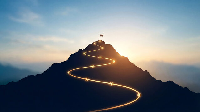 Mountain peak success roadmap Reaching goals with clear path, achievement, and determination