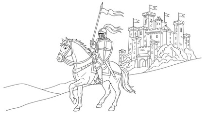 Obraz premium Valiant Knight on Horse Approaching Ancient Castle for Heroic Quest Page. transparent.