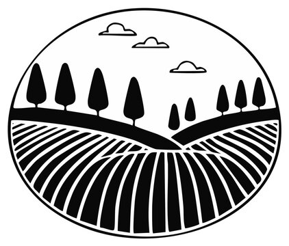 Black and white illustration of rolling hills, trees, fields, and clouds in a circle