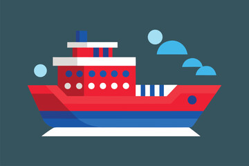 Obraz premium Vector illustration of a red and blue cargo ship on a calm sea
