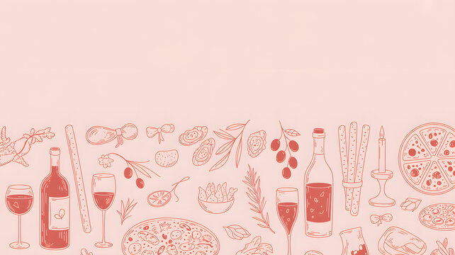 Food and drink line art pattern banner on soft pink background
