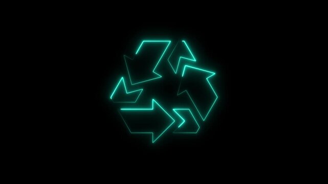 Glowing Cyan Neon Recycle Symbol Abstract Design on Black Background recycling icon