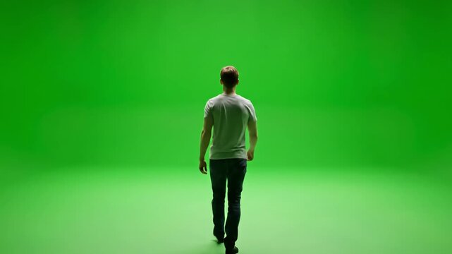 Green Screen man walking away chroma key copy space studio scene 3 with distortion, overlay, glitch, static noise, scan lines on black background, 4k animated video loop